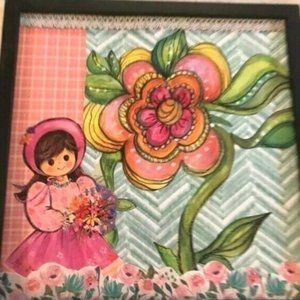 Pretty Pink Flower Framed Handmade Collage Art Valentine Girly Floral Picture